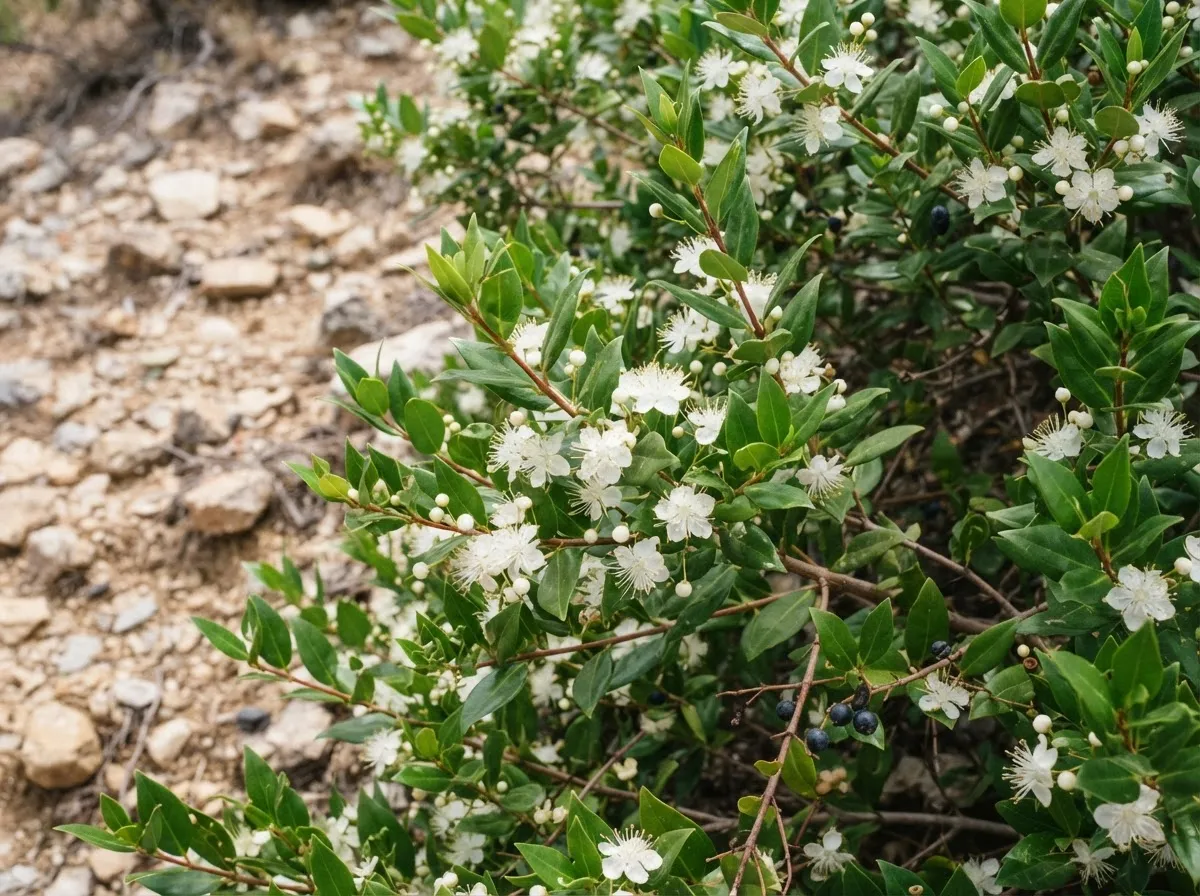Glossy dark myrtle foliage with small white flowers on a rocky hillside