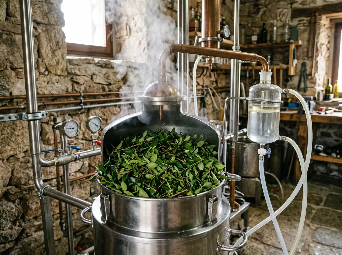 Fresh myrtle leaf and twig packed into a distillery still
